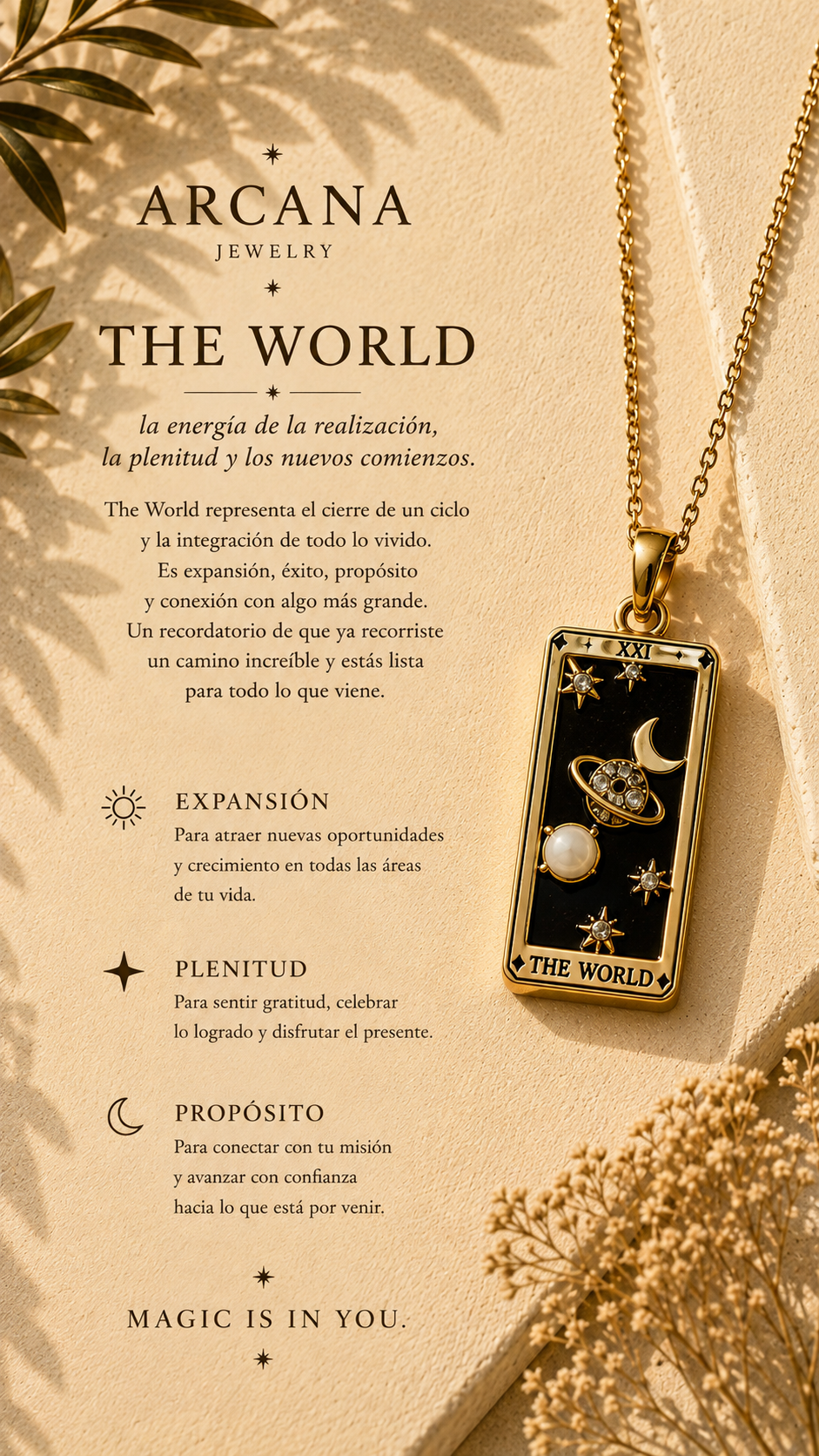 Amuleto Arcano El Mundo – Collar colgante acero inoxidable chapado oro 18K