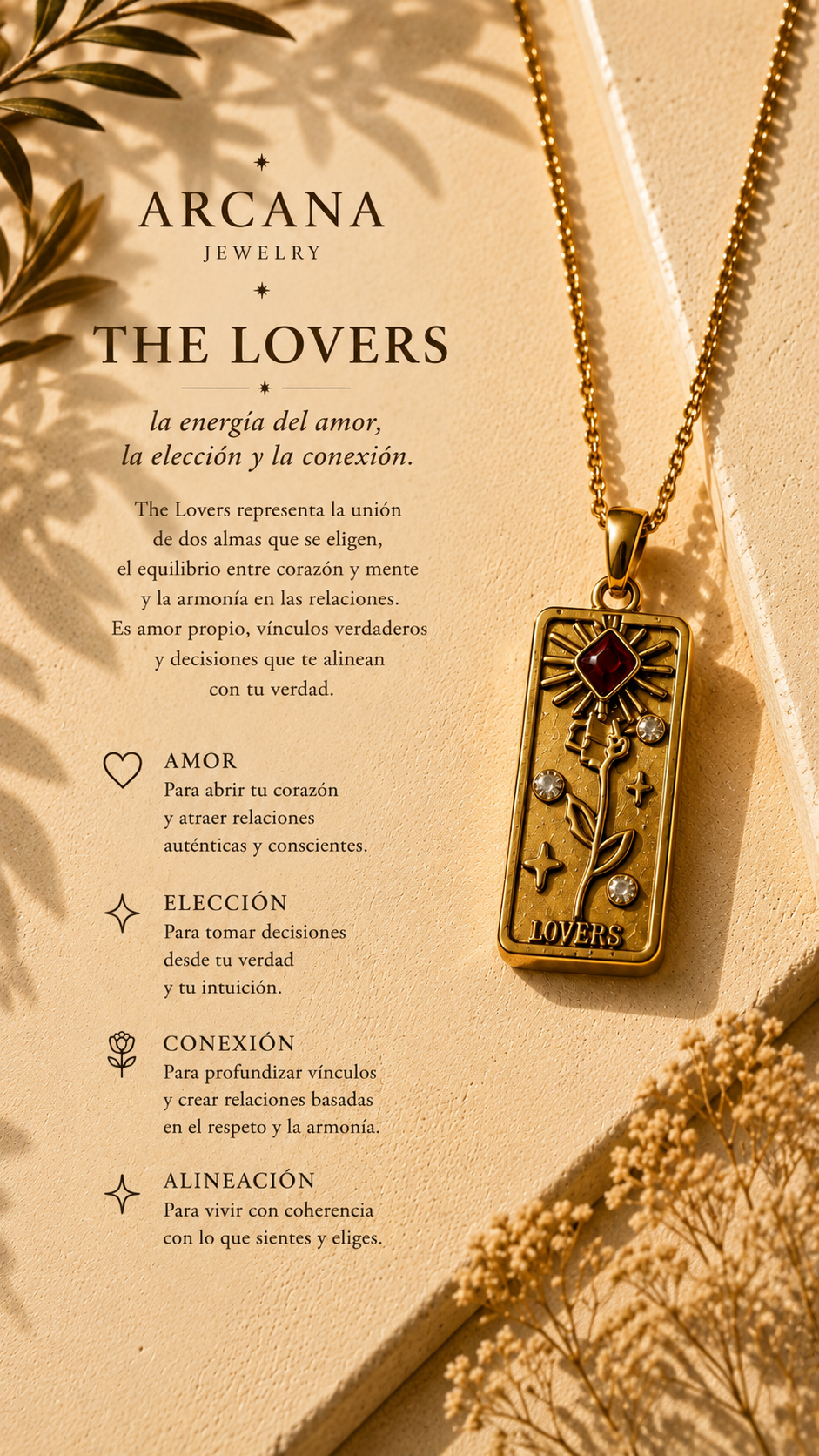 Amuleto Arcano Los Enamorados – Collar colgante acero inoxidable chapado oro 18K