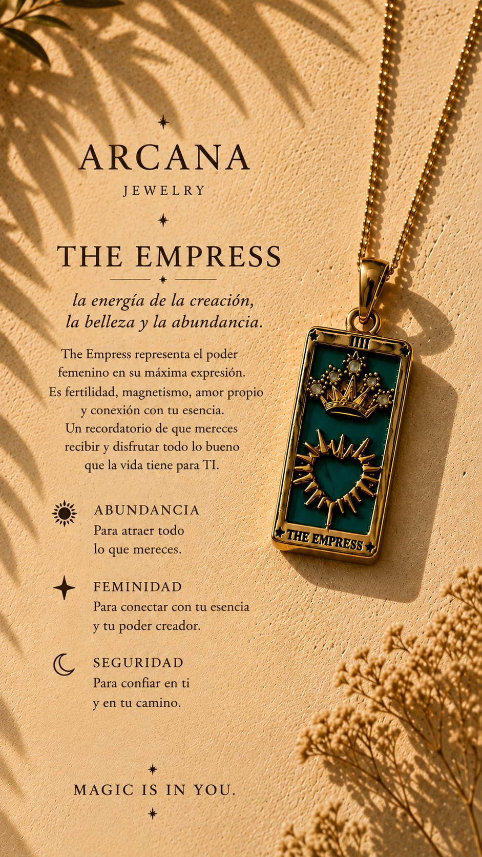 Amuleto Arcano La Emperatriz – Collar colgante acero inoxidable chapado oro 18K