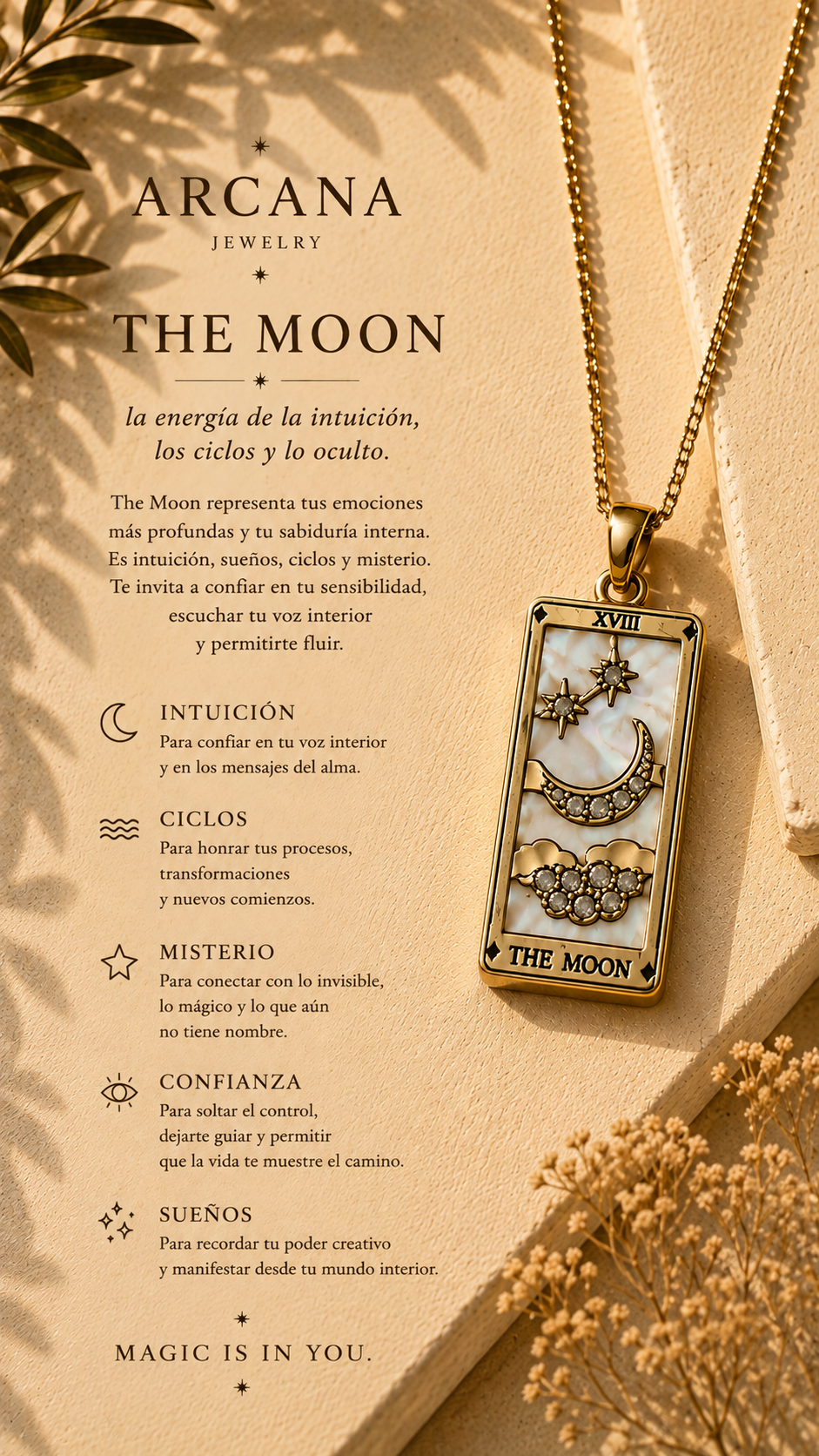 Amuleto Arcano La Luna – Collar colgante acero inoxidable chapado oro 18K