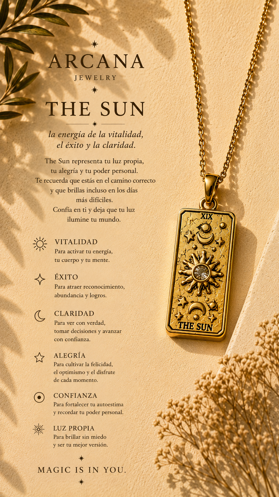 Amuleto Arcano El Sol – Collar colgante acero inoxidable chapado oro 18K