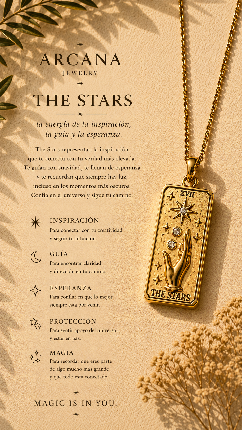 Amuleto Arcano La Estrella – Collar colgante acero inoxidable chapado oro 18K